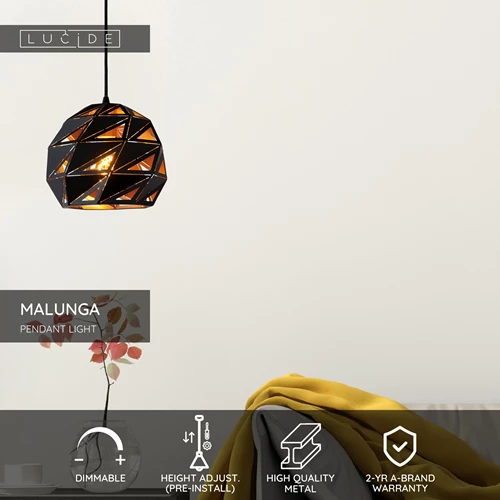 Lucide MALUNGA - Pendant light - Ø 25 cm - 1xE27 - Black - USP